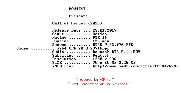 NFO for the release Call.of.Heroes.2016.German.720p.BluRay.x264-MOViEiT by MOViEiT