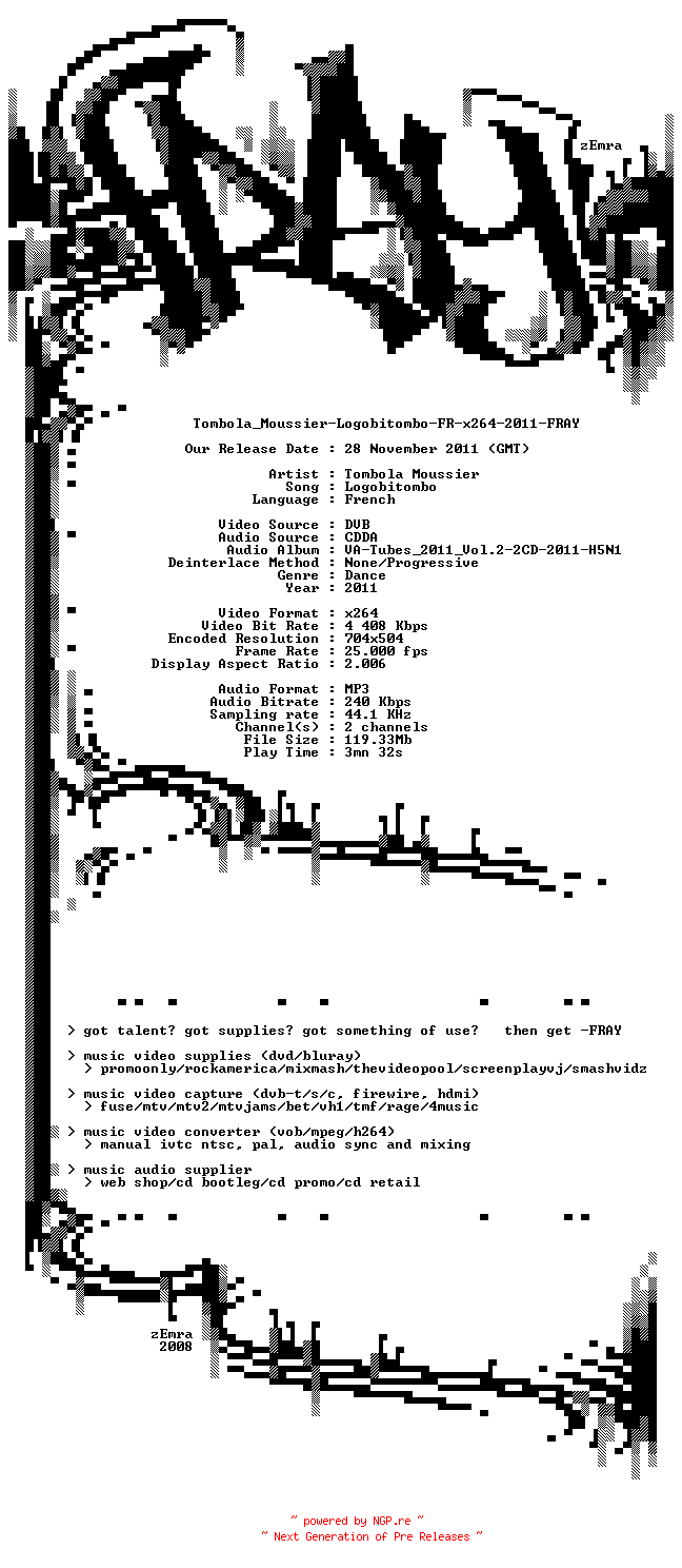 NFO for the release Tombola_Moussier-Logobitombo-FR-x264-2011-FRAY by FRAY