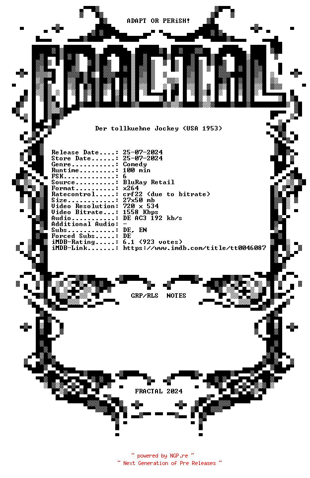 NFO for the release Der.tollkuehne.Jockey.1953.German.AC3.BDRip.x264-FRACTAL by FRACTAL