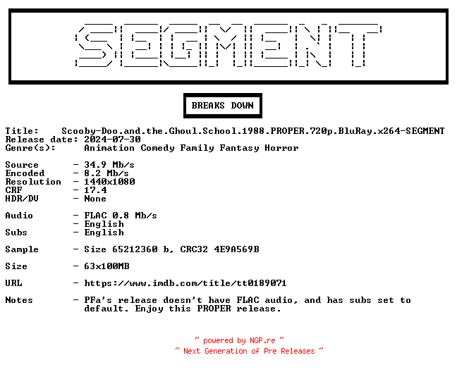NFO for the release Scooby-Doo.and.the.Ghoul.School.1988.PROPER.720p.BluRay.x264-SEGMENT by SEGMENT