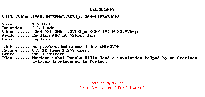 NFO for the release Villa.Rides.1968.iNTERNAL.BDRip.x264-LiBRARiANS by LiBRARiANS