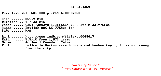 NFO for the release Fuzz.1972.iNTERNAL.BDRip.x264-LiBRARiANS by LiBRARiANS