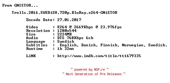 NFO for the release Trolls.2016.SWEDiSH.720p.BluRay.x264-GNiSTOR by GNiSTOR