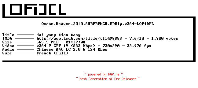 NFO for the release Ocean.Heaven.2010.SUBFRENCH.BDRip.x264-LOFiDEL by LOFiDEL