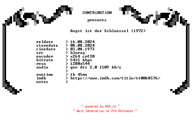 NFO for the release Angst.ist.der.Schluessel.1972.German.720p.BluRay.x264-CONTRiBUTiON by CONTRiBUTiON