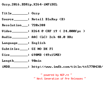 NFO for the release Ozzy.2016.BDRip.X264-iNFiDEL by iNFiDEL
