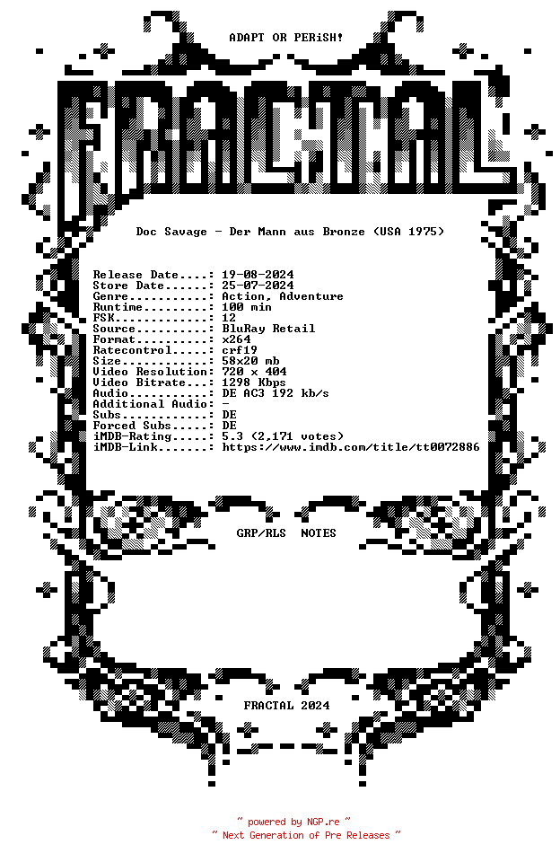 NFO for the release Doc.Savage.Der.Mann.aus.Bronze.1975.German.AC3.BDRip.x264-FRACTAL by FRACTAL