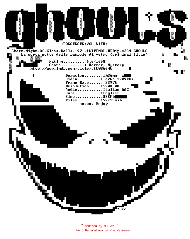 NFO for the release Short.Night.Of.Glass.Dolls.1971.INTERNAL.BDRip.x264-GHOULS by GHOULS