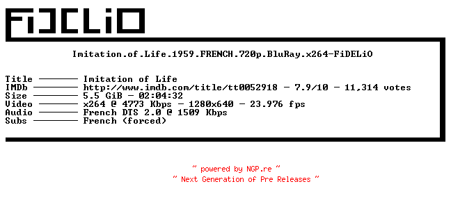 NFO for the release Imitation.of.Life.1959.FRENCH.720p.BluRay.x264-FiDELiO by FiDELiO