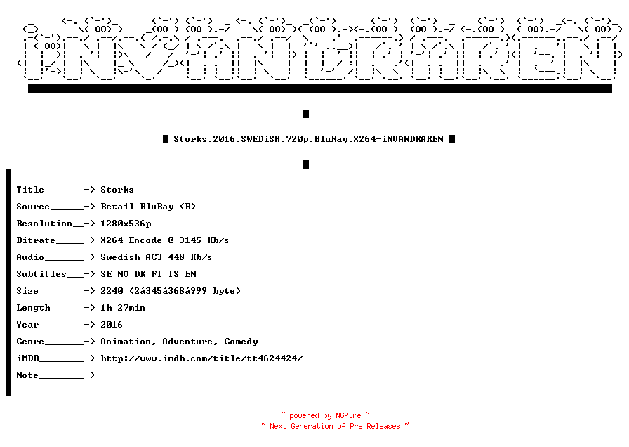NFO for the release Storks.2016.SWEDiSH.720p.BluRay.X264-iNVANDRAREN by iNVANDRAREN
