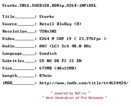 NFO for the release Storks.2016.SWEDiSH.BDRip.X264-iNFiDEL by iNFiDEL