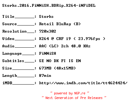 NFO for the release Storks.2016.FiNNiSH.BDRip.X264-iNFiDEL by iNFiDEL