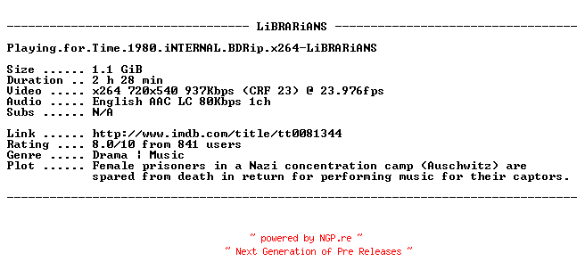 NFO for the release Playing.for.Time.1980.iNTERNAL.BDRip.x264-LiBRARiANS by LiBRARiANS