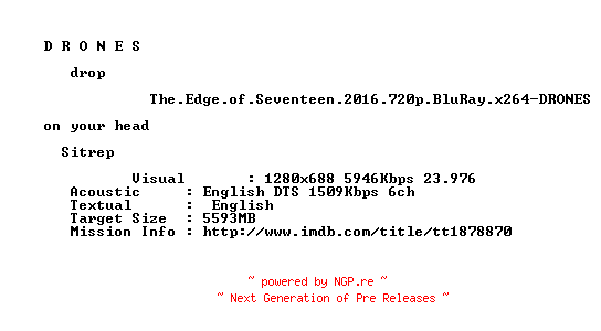 NFO for the release The.Edge.of.Seventeen.2016.720p.BluRay.x264-DRONES by DRONES