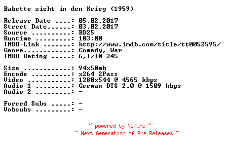 NFO for the release Babette.zieht.in.den.Krieg.1959.German.720p.BluRay.x264-SPiCY by SPiCY