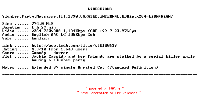 NFO for the release Slumber.Party.Massacre.III.1990.UNRATED.iNTERNAL.BDRip.x264-LiBRARiANS by LiBRARiANS