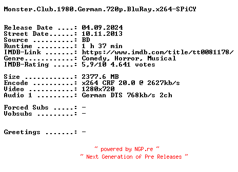 NFO for the release Monster.Club.1981.German.720p.BluRay.x264-SPiCY by SPiCY