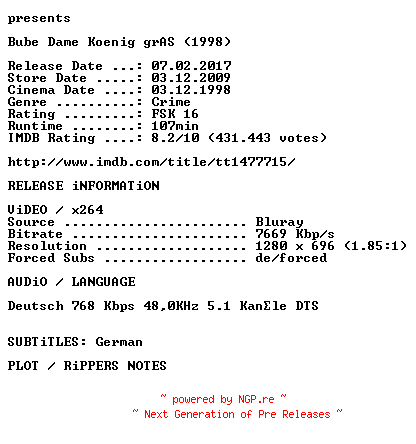 NFO for the release Bube.Dame.Koenig.Gras.1998.German.720p.BluRay.x264.iNTERNAL-KULTFiLME by KULTFiLME