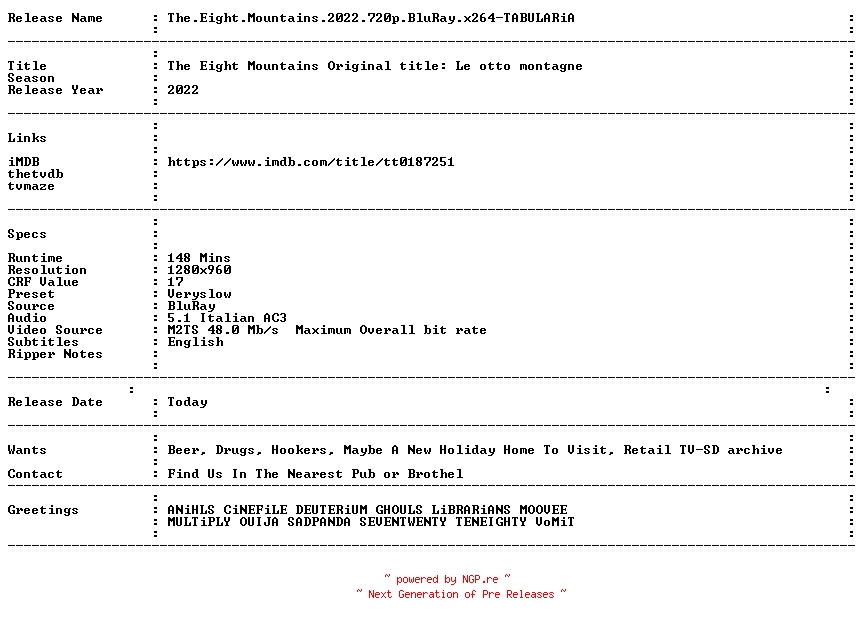 NFO for the release The.Eight.Mountains.2022.720p.BluRay.x264-TABULARiA by TABULARiA