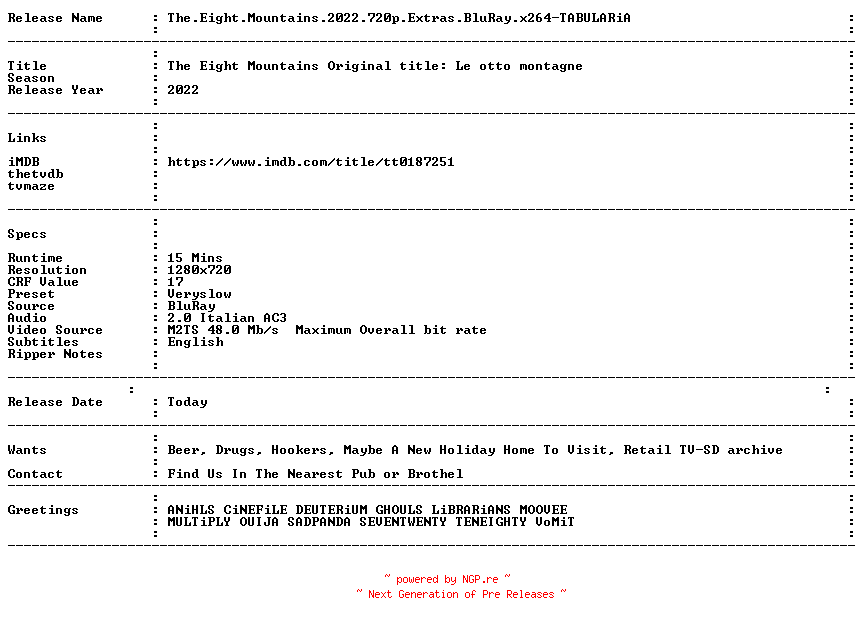 NFO for the release The.Eight.Mountains.2022.720p.Extras.BluRay.x264-TABULARiA by TABULARiA