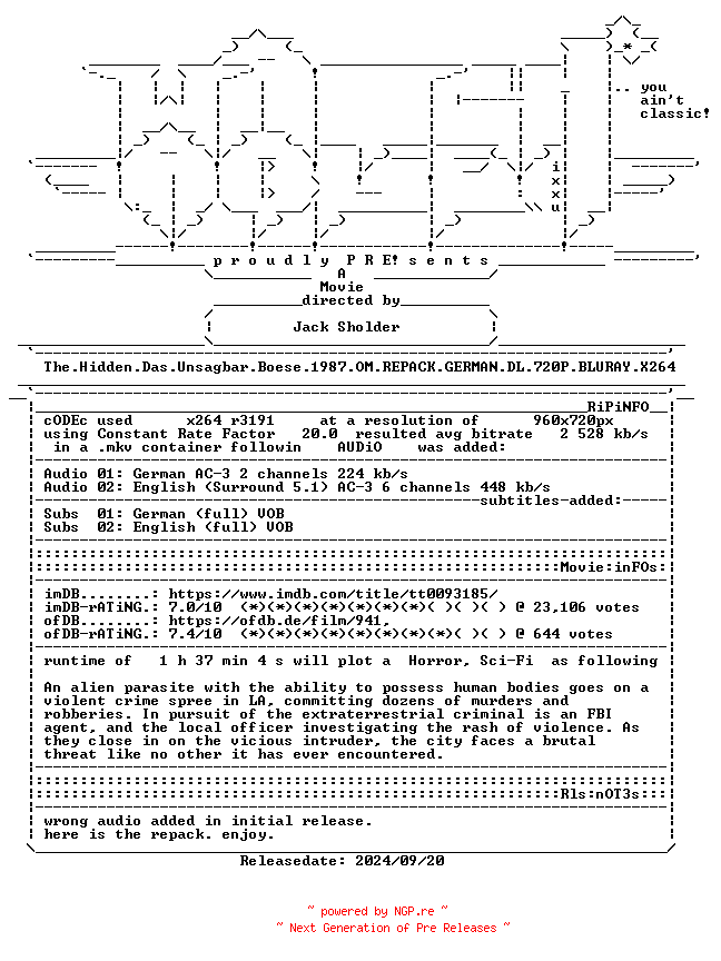 NFO for the release The.Hidden.Das.Unsagbar.Boese.1987.OM.REPACK.GERMAN.DL.720P.BLURAY.X264-WATCHABLE by WATCHABLE