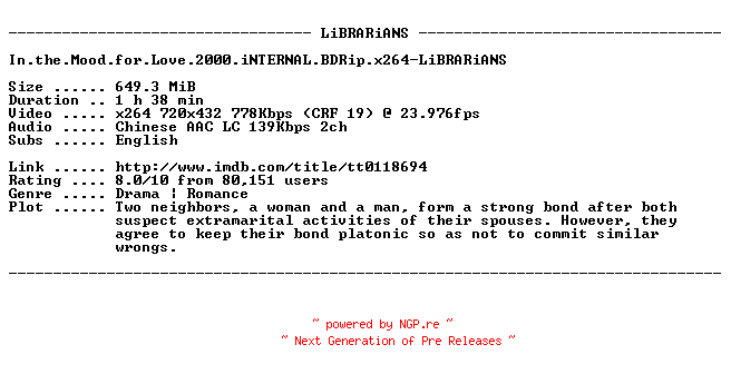 NFO for the release In.the.Mood.for.Love.2000.iNTERNAL.BDRip.x264-LiBRARiANS by LiBRARiANS