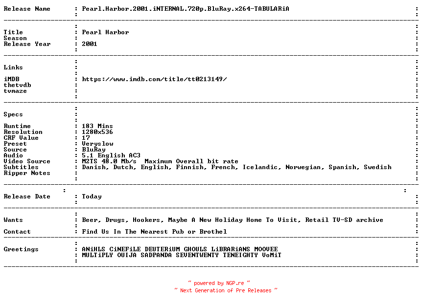 NFO for the release Pearl.Harbor.2001.iNTERNAL.720p.BluRay.x264-TABULARiA by TABULARiA
