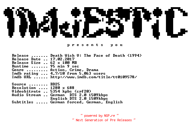NFO for the release Death.Wish.V.The.Face.of.Death.1994.German.DL.720p.BluRay.x264-MAJESTiC by MAJESTiC