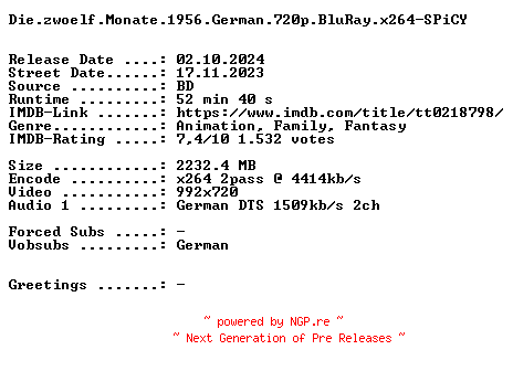 NFO for the release Die.zwoelf.Monate.1956.German.720p.BluRay.x264-SPiCY by SPiCY