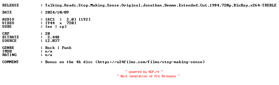 NFO for the release Talking.Heads.Stop.Making.Sense.Original.Jonathan.Demme.Extended.Cut.1984.720p.BluRay.x264-TREBLE by TREBLE