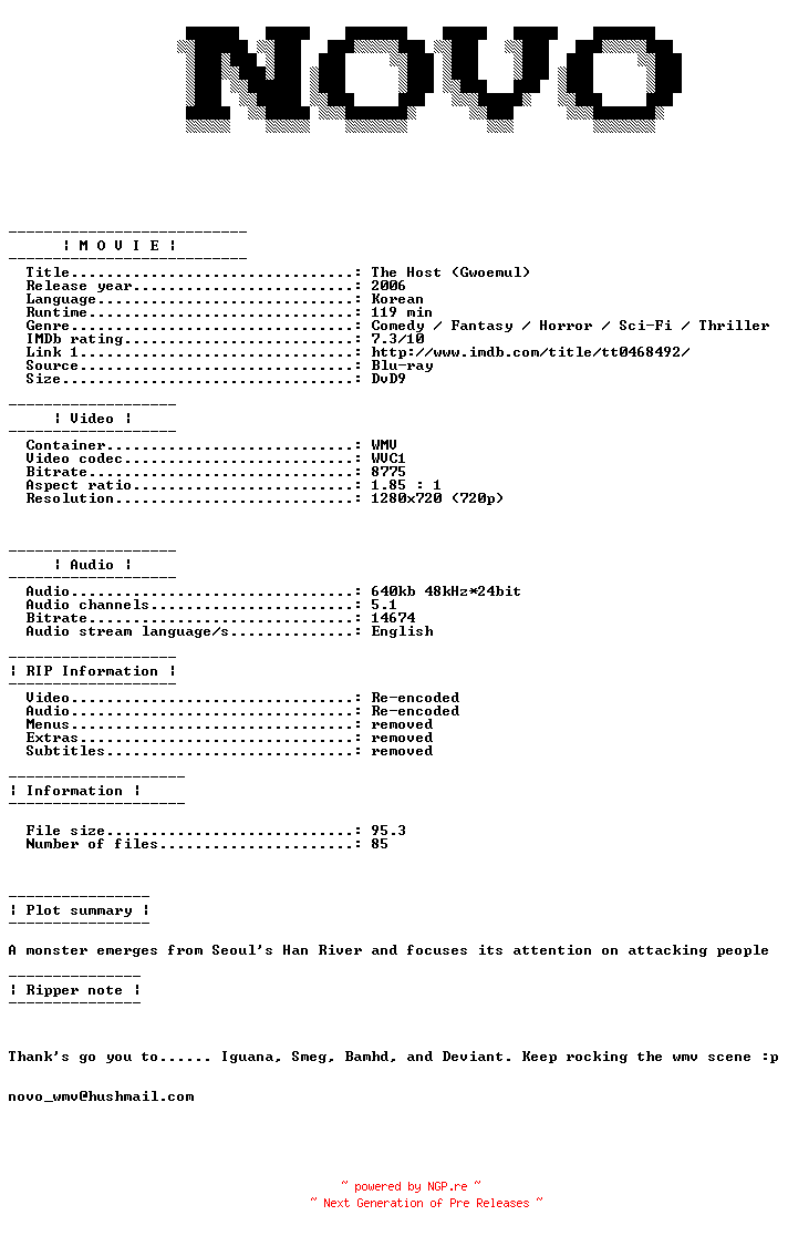 NFO for the release The.Host.2006.Bluray.VC1.720p.5.1.WMV-NOVO by NOVO