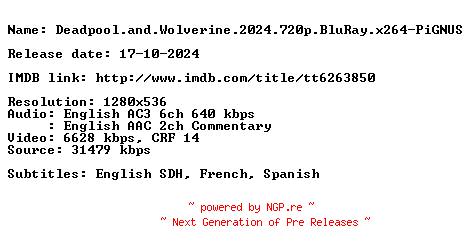 NFO for the release Deadpool.and.Wolverine.2024.720p.BluRay.x264-PiGNUS by PiGNUS