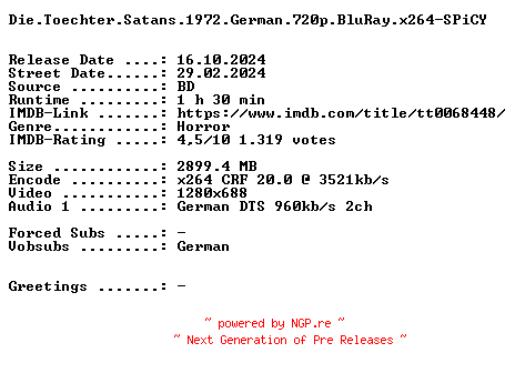 NFO for the release Die.Toechter.Satans.1972.German.720p.BluRay.x264-SPiCY by SPiCY