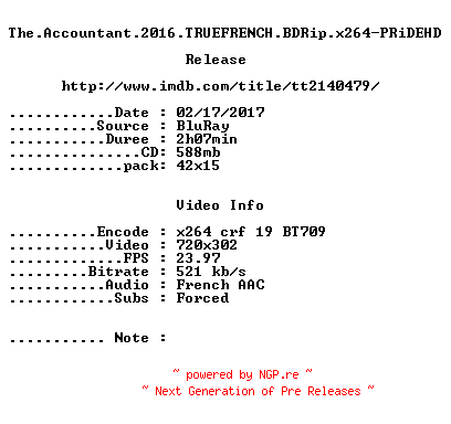 NFO for the release The.Accountant.2016.TRUEFRENCH.BDRip.x264-PRiDEHD by PRiDEHD