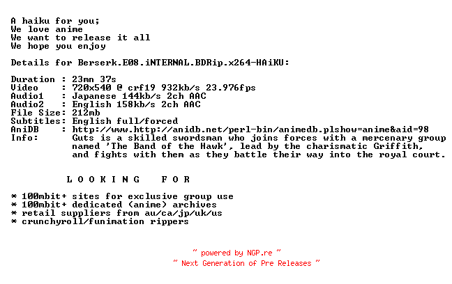 NFO for the release Berserk.E08.iNTERNAL.BDRip.x264-HAiKU by HAiKU
