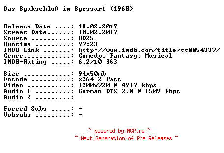 NFO for the release Das.Spukschloss.im.Spessart.1960.German.720p.BluRay.x264-SPiCY by SPiCY