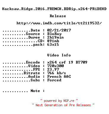 NFO for the release Hacksaw.Ridge.2016.FRENCH.BDRip.x264-PRiDEHD by PRiDEHD