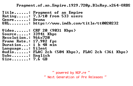 NFO for the release Fragment.of.an.Empire.1929.720p.BluRay.x264-ORBS by ORBS