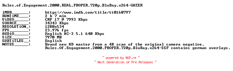 NFO for the release Rules.of.Engagement.2000.REAL.PROPER.720p.BluRay.x264-GAZER by GAZER