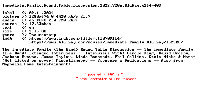 NFO for the release Immediate.Family.Round.Table.Discussion.2022.720p.BluRay.x264-403 by 403