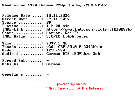 NFO for the release Shadowzone.1990.German.720p.BluRay.x264-SPiCY by SPiCY