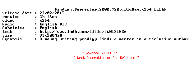 NFO for the release Finding.Forrester.2000.720p.BluRay.x264-EiDER by EiDER