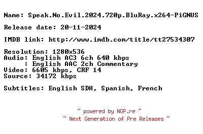 NFO for the release Speak.No.Evil.2024.720p.BluRay.x264-PiGNUS by PiGNUS