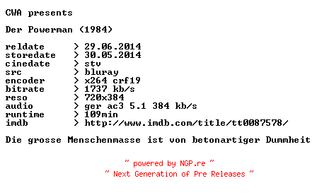 NFO for the release Der.Powerman.1984.German.BDRip.x264.iNTERNAL-CWA by CWA