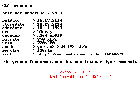 NFO for the release Zeit.der.Unschuld.1993.German.BDRip.x264.iNTERNAL-CWA by CWA