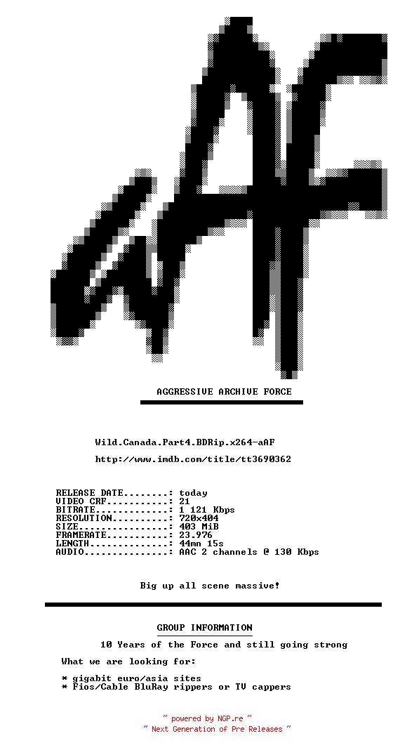 NFO for the release Wild.Canada.Part4.BDRip.x264-aAF by aAF