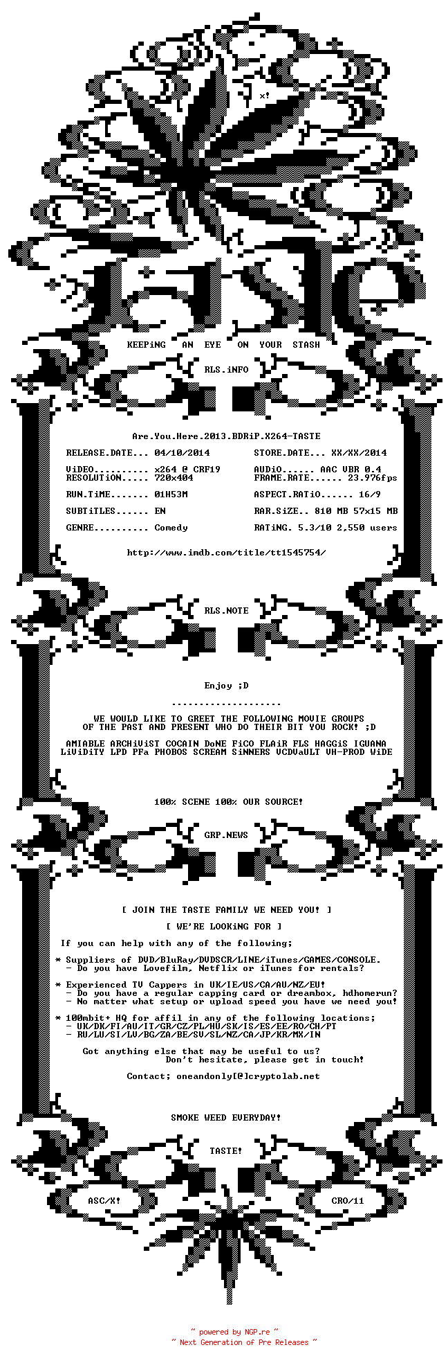 NFO for the release Are.You.Here.2013.BDRiP.X264-TASTE by TASTE