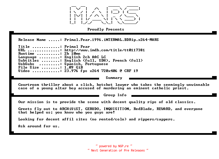 NFO for the release Primal.Fear.1996.iNTERNAL.BDRip.x264-MARS by MARS