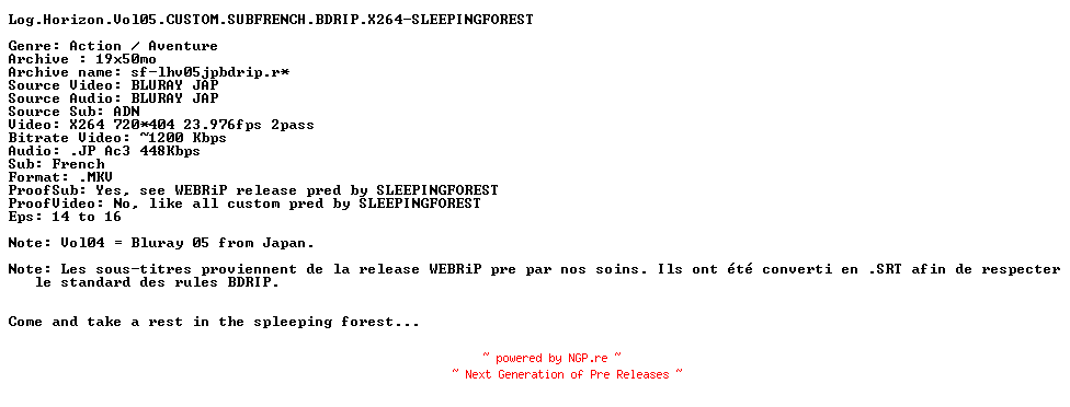 NFO for the release Log.Horizon.Vol05.CUSTOM.SUBFRENCH.BDRIP.X264-SLEEPINGFOREST by SLEEPINGFOREST