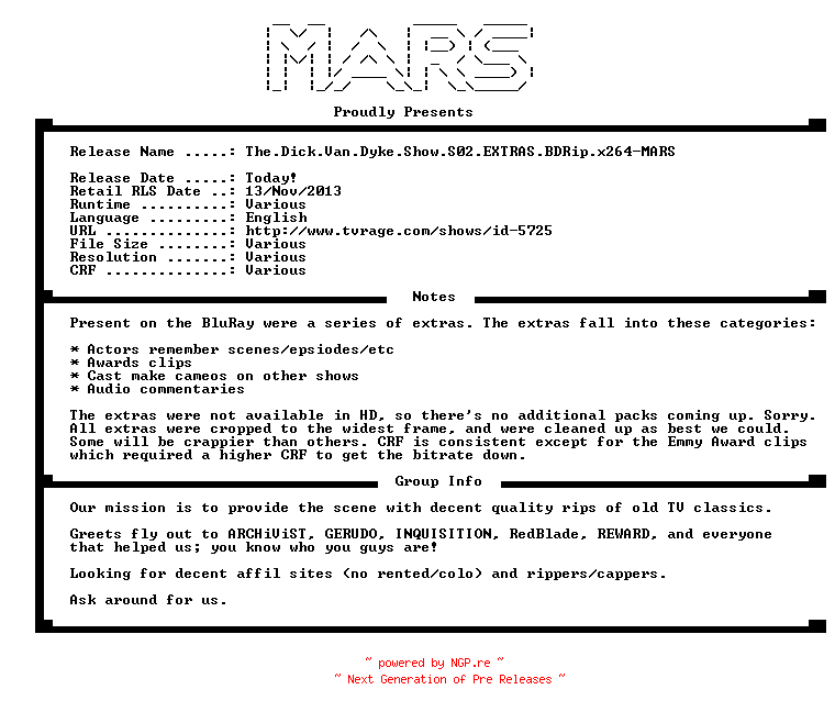NFO for the release The.Dick.Van.Dyke.Show.S02.EXTRAS.BDRip.x264-MARS by MARS